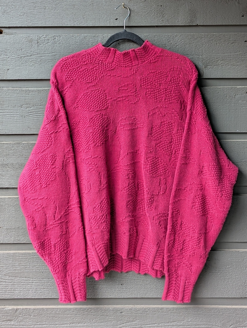 VTG 80s Bushwacker USA Magenta Pink Intarsia Floral MockNeck Sweater 100% Cotton